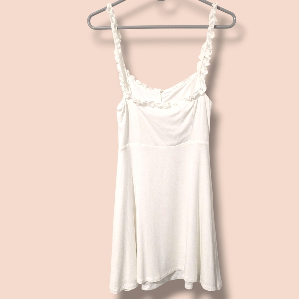 Lovers & Friends White Jersey Knit Ruffle Sleeveless Babydoll Emeline Mini Dress - Picture 3 of 10